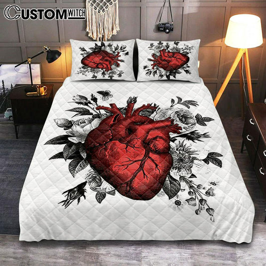 Vintage Floral Heart Quilt Bedding Set Bedroom - Gift For Steampunk Or Goth Fans