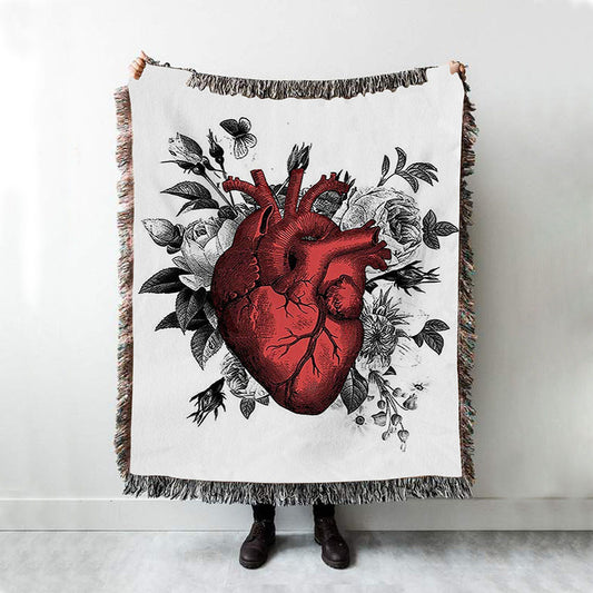 Vintage Floral Heart Woven Throw Blanket - Gift For Steampunk Or Goth Fans