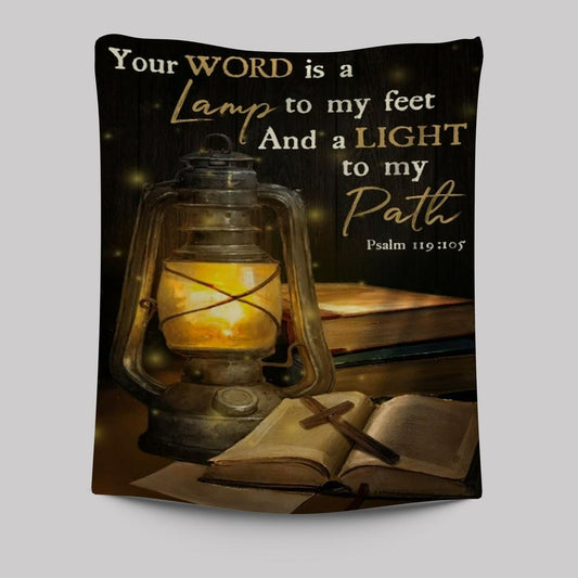 Vintage Lantern, Cross, Bible, Your Word Is A Lamp To My Feet Tapestry