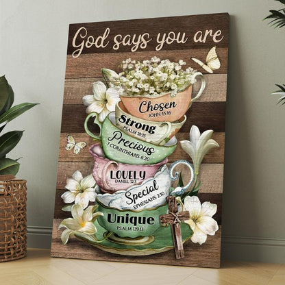 Vintage Tea Cup, Lily Flower, God Says You Are Canvas, Christmas Gift for Christian