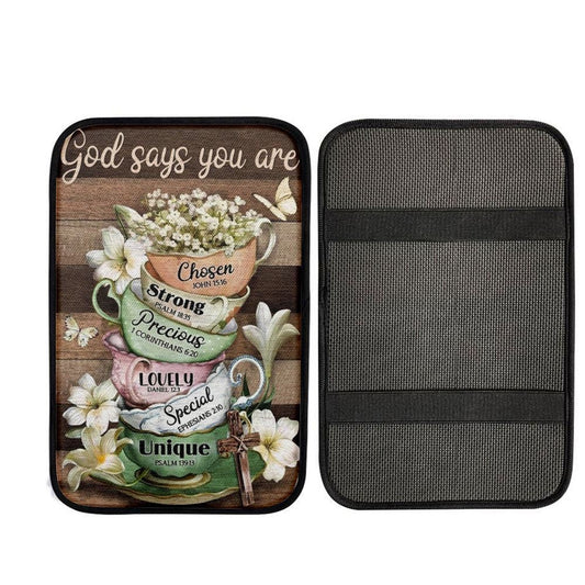 Vintage Tea Cup, Lily Flower, God Says You Are Car Center Console Cover, Car Armrest Pad, Christian Gift, Armrest Box Mat
