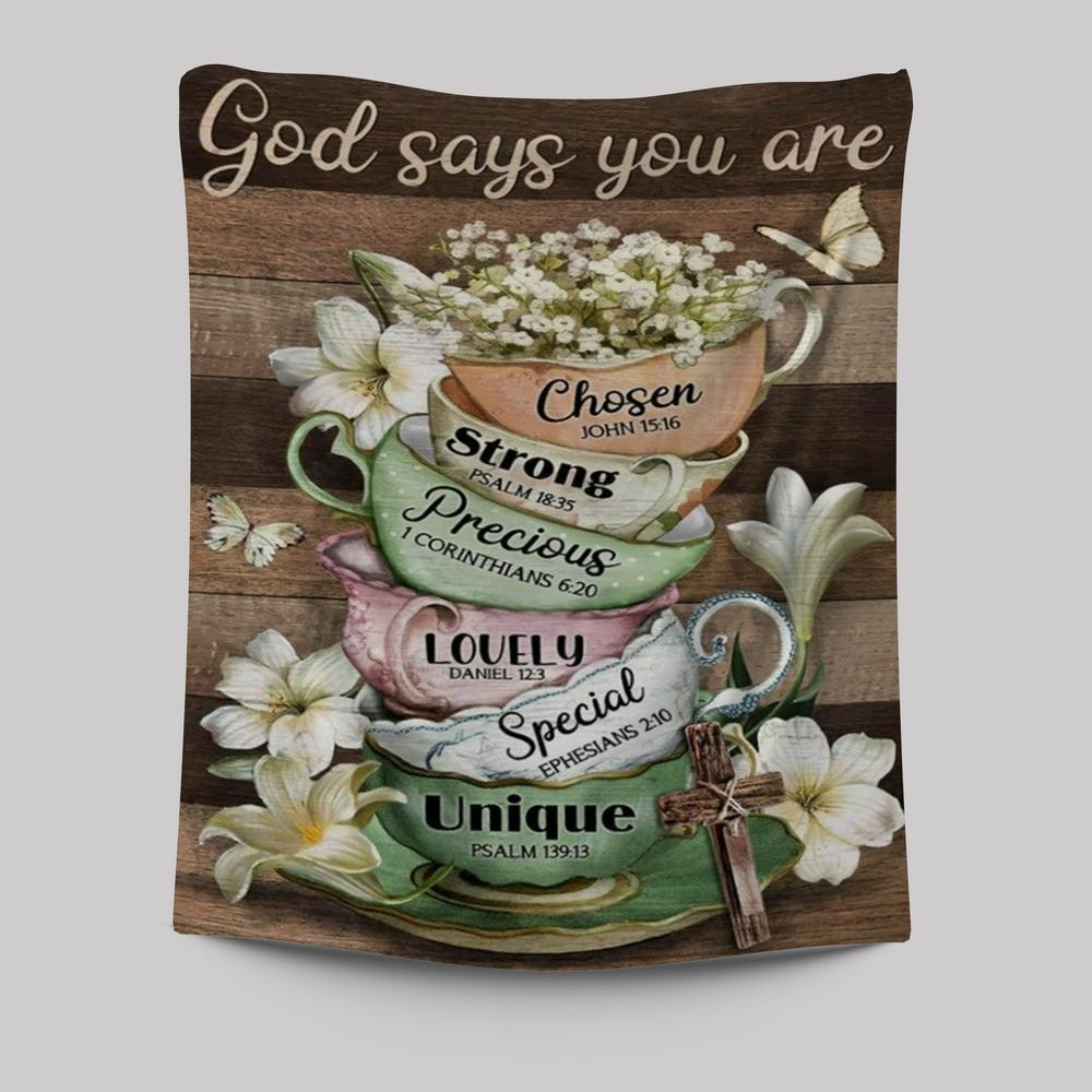 Vintage Tea Cup, Lily Flower, God Says You Are Tapestry