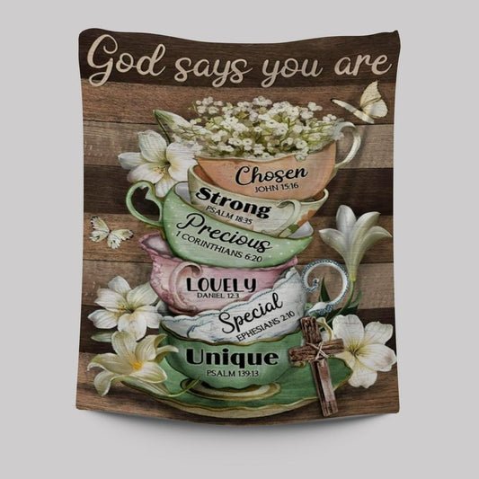 Vintage Tea Cup, Lily Flower, God Says You Are Tapestry