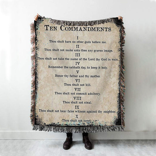 Vintage Ten Commandments Woven Boho Blanket - Christian Woven Throw Blanket Decor