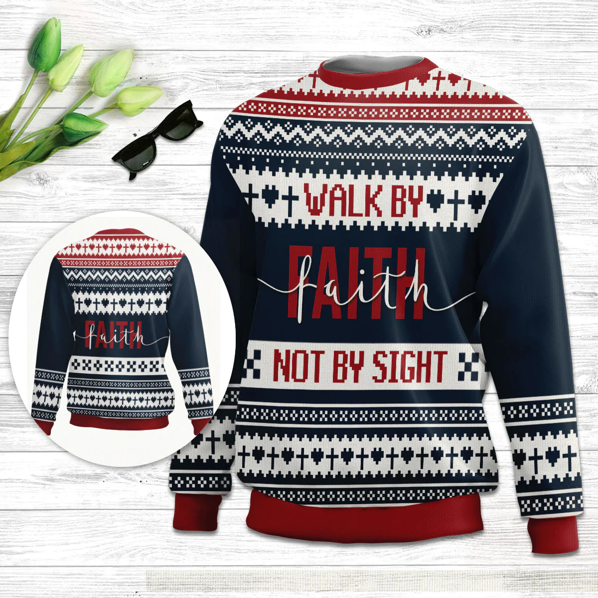 Walk By Faith Ugly Christmas Sweater - Not By Sight 2 Corinthians 57 Ugly Christmas Sweater - Christian Unisex Sweater - Religious Christmas Gift