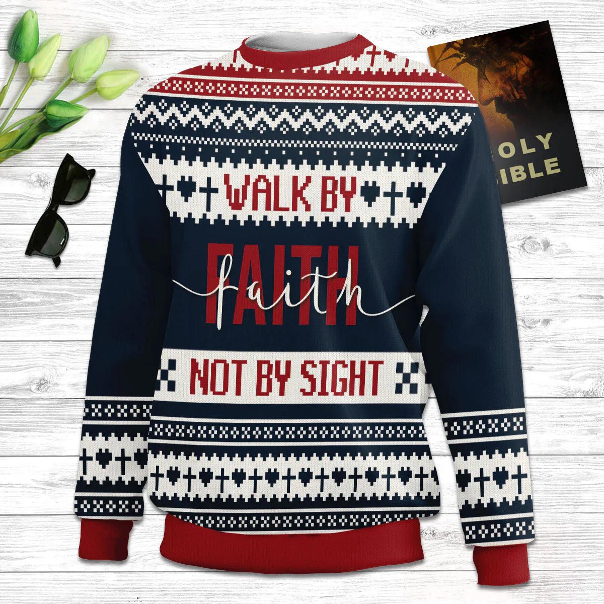 Walk By Faith Ugly Christmas Sweater - Not By Sight 2 Corinthians 57 Ugly Christmas Sweater - Christian Unisex Sweater - Religious Christmas Gift