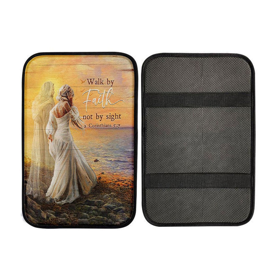 Walk By Faith Not By Sight Car Armrest Pad - Beautiful Girl Walking With Jesus Car Center Console Cover