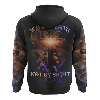 Walk By Faith Not By Sight Lion Cross All Over Print 3D Hoodie, Christian Hoodie, Christian Sweatshirt, Bible Verse Shirt