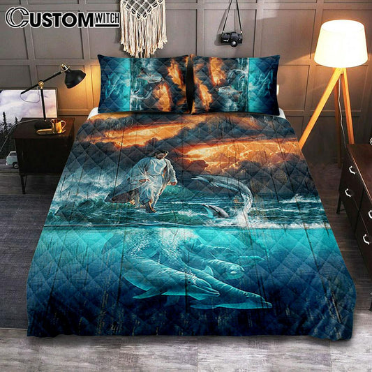 Walking On The Sea Beautiful Dolphin Quilt Bedding Set Print - Inspirational Quilt Bedding Set Art - Christian Bedroom Home Decor