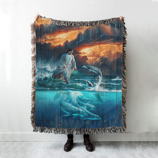 Walking On The Sea Beautiful Dolphin Woven Blanket Print - Inspirational Woven Blanket Art - Christian Throw Blanket Home Decor
