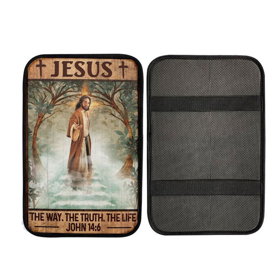 Walking With Jesus, Green Forest, Cross, Jesus, The Way, The Truth, The Life Car Center Console Cover, Car Armrest Pad, Christian Gift