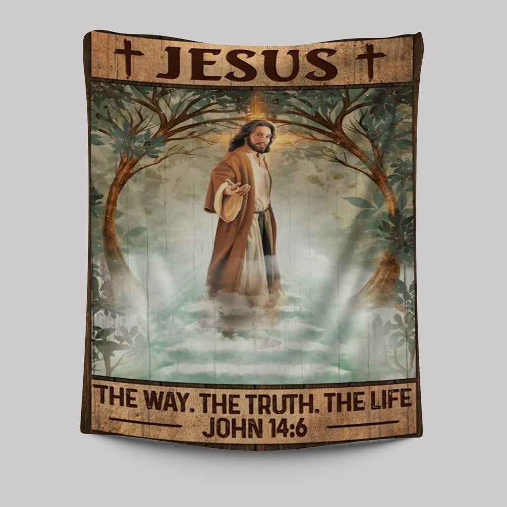 Walking With Jesus, Green Forest, Cross, Jesus, The Way, The Truth, The Life Tapestry