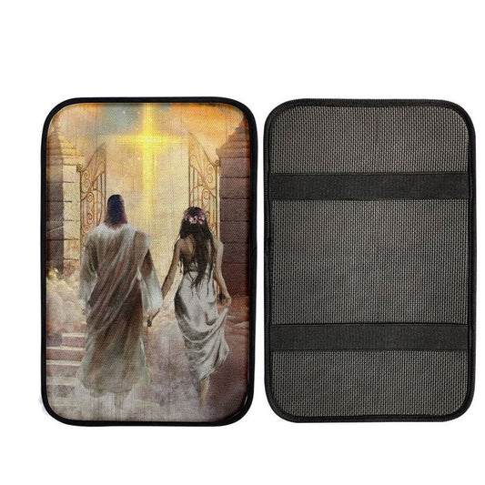 Walking With Jesus, The Way To Heaven, Cross, Beautiful Heaven Car Center Console Cover, Car Armrest Pad, Christian Gift, Armrest Box Mat