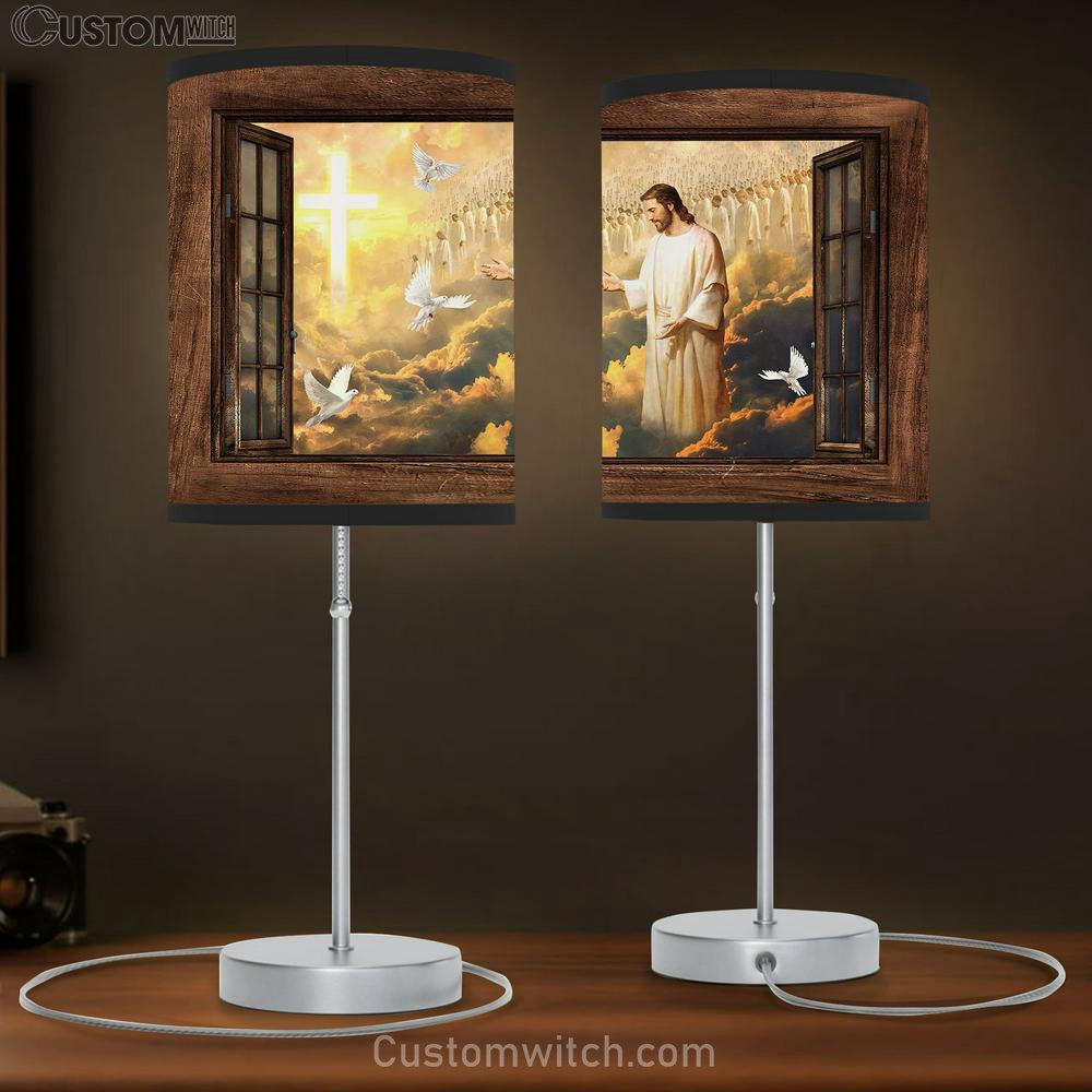 Walking With Jesus White Dove Heaven Table Lamb Art - Bible Verse Lamb Gift - Christian Bedroom Decor