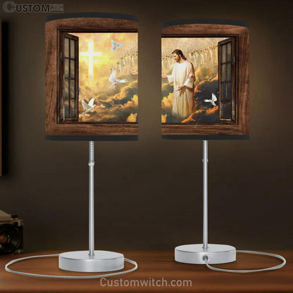 Walking With Jesus White Dove Heaven Table Lamb Art - Bible Verse Lamb Gift - Christian Bedroom Decor