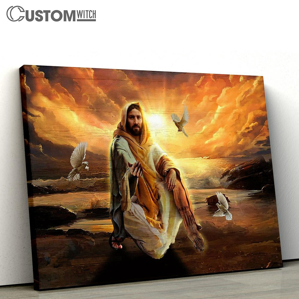 Walking With Jesus White Dove Sunset Canvas Art - Bible Verse Wall Art - Wall Decor Christian