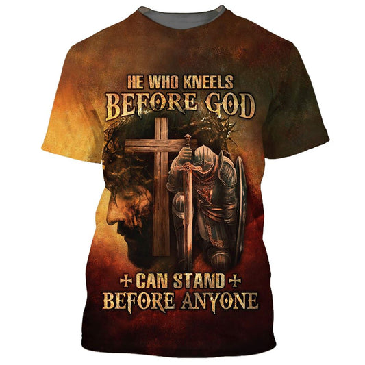 Warrior And Lion He Who Kneels Before God Can Stand Before Anyone All Over Print 3D T Shirt For Men And Women, Christian T-Shirt