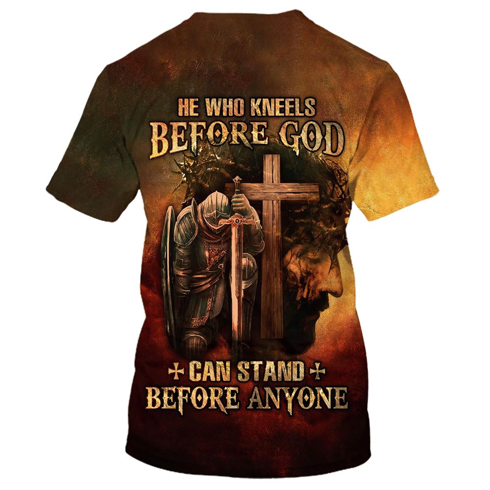 Warrior And Lion He Who Kneels Before God Can Stand Before Anyone All Over Print 3D T Shirt For Men And Women, Christian T-Shirt