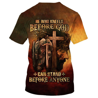 Warrior And Lion He Who Kneels Before God Can Stand Before Anyone All Over Print 3D T Shirt For Men And Women, Christian T-Shirt