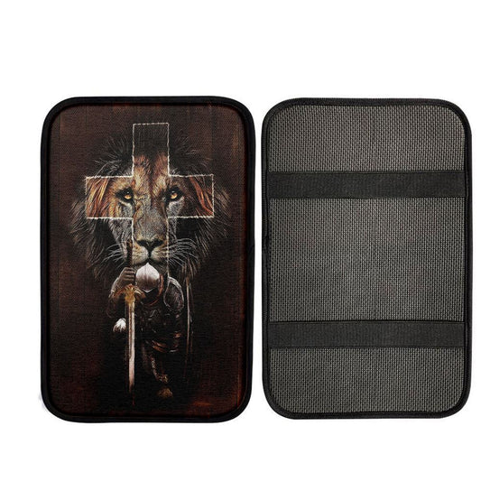 Warrior Black Lion Cross Car Center Console Cover, Religious Car Interior Accessories