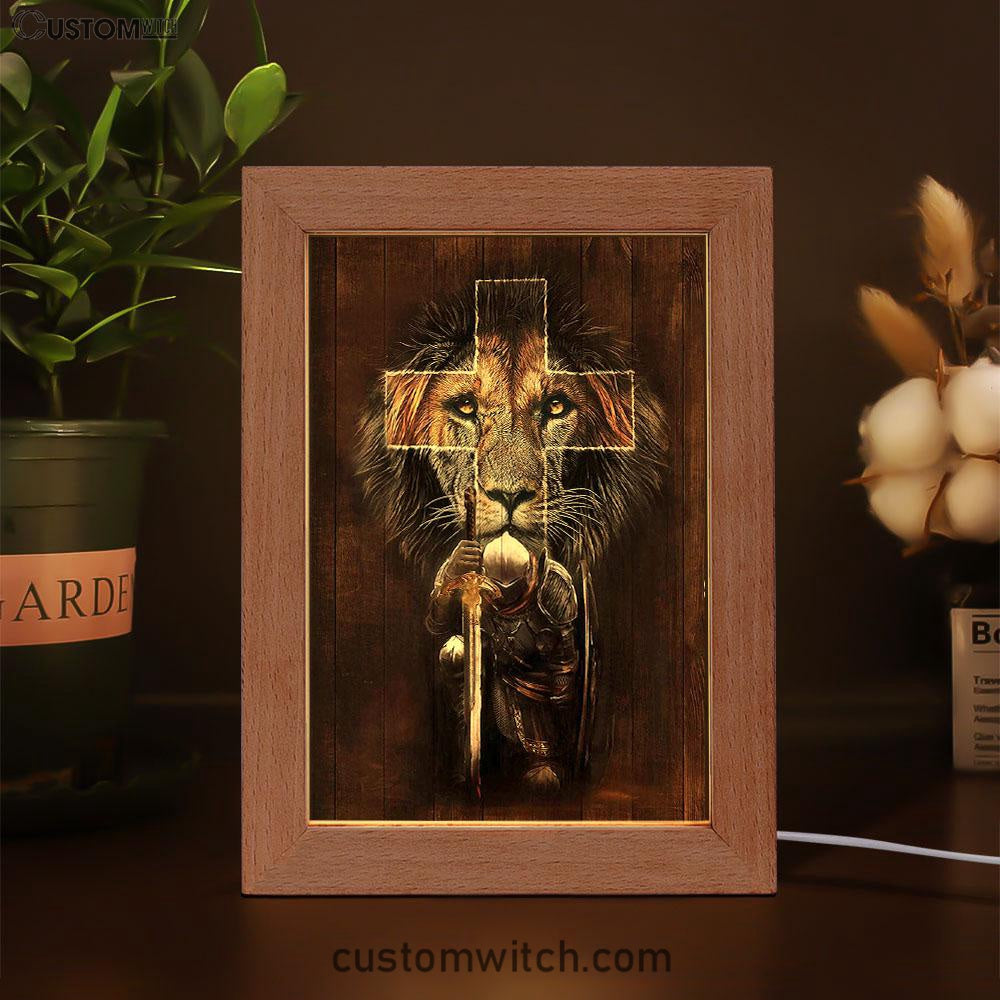 Warrior Black Lion Cross Frame Lamp Art - Christian Art - Bible Verse Art - Religious Home Decor