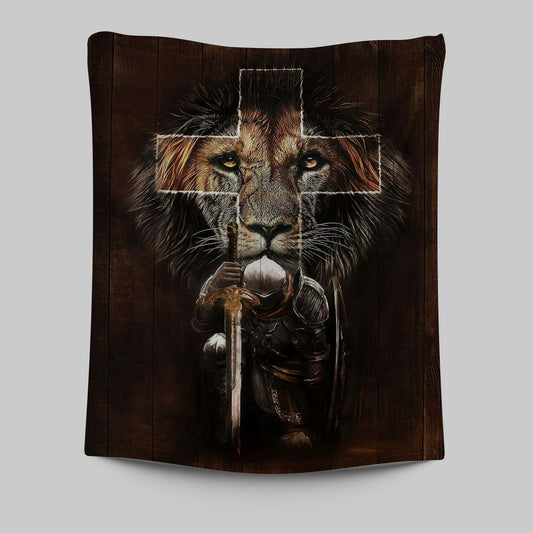 Warrior Black Lion Cross Tapestry Art - Christian Art - Bible Verse Wall Art - Religious Home Decor