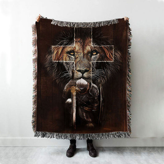 Warrior Black Lion Cross Woven Blanket Art - Christian Art - Bible Verse Throw Blanket - Religious Home Decor