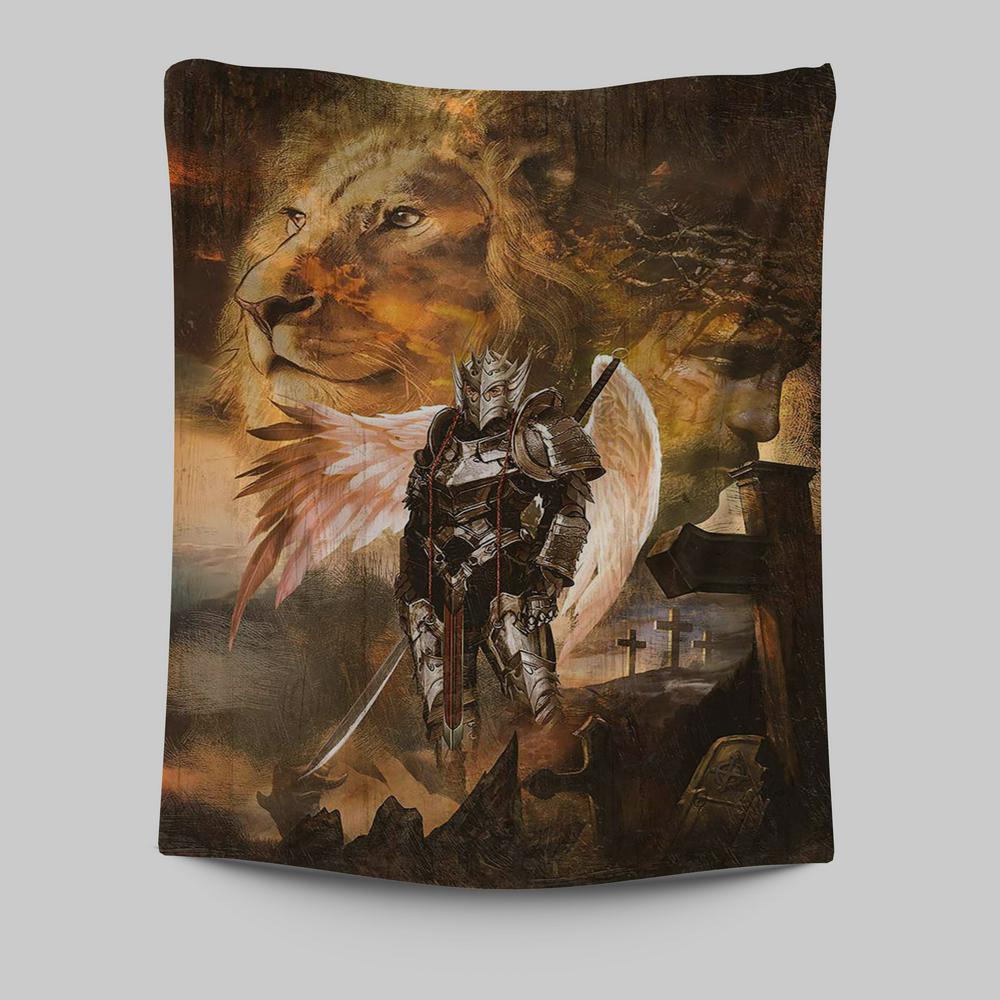 Warrior Jesus Lion Of Judah Cross Tapestry Art - Christian Art - Bible Verse Wall Art - Religious Home Decor