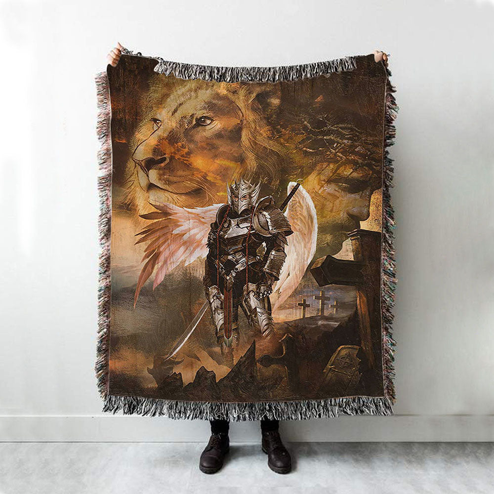 Warrior Jesus Lion Of Judah Cross Woven Blanket Art - Christian Art - Bible Verse Throw Blanket - Religious Home Decor
