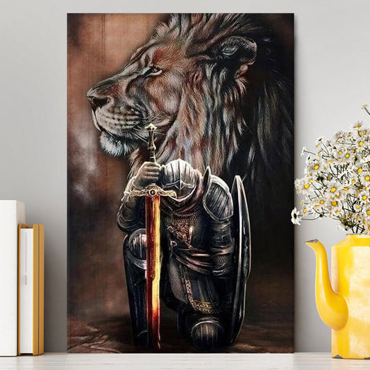 Warrior Knight Kneel And Lion Canvas Wall Art - Christian Home Decor - Religious Art