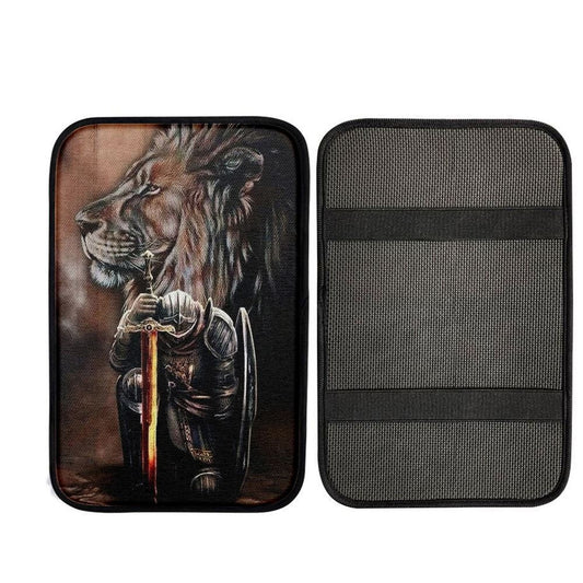 Warrior Knight Kneel And Lion Car Center Console Cover, Bible Verse Car Interior Accessories