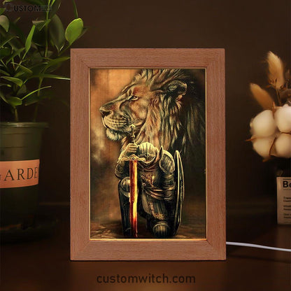 Warrior Knight Kneel And Lion Frame Lamp Art - Christian Home Decor - Religious Art