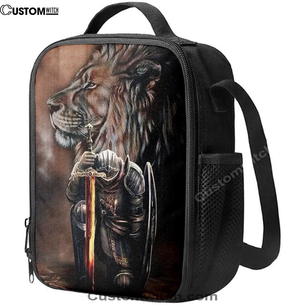 Warrior Knight Kneel And Lion Lunch Bag For Men And Women, Spiritual Christian Lunch Box For School, Work