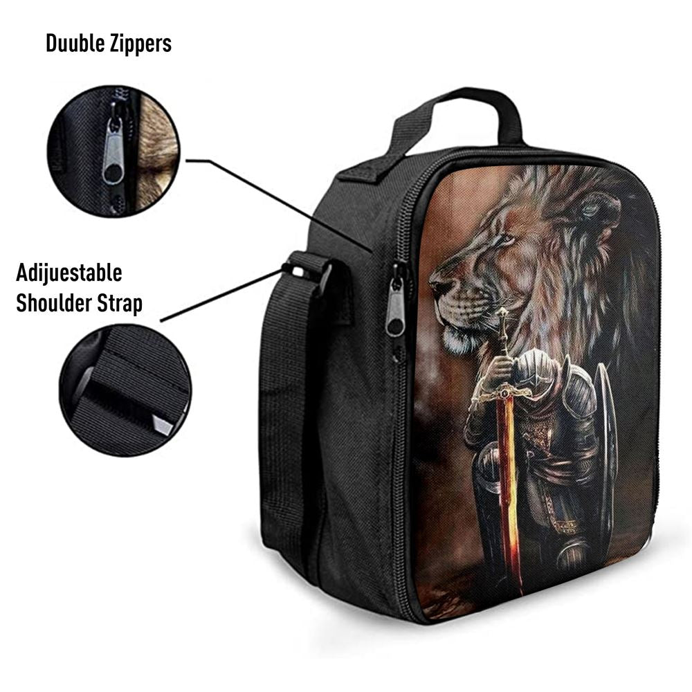Warrior Knight Kneel And Lion Lunch Bag For Men And Women, Spiritual Christian Lunch Box For School, Work