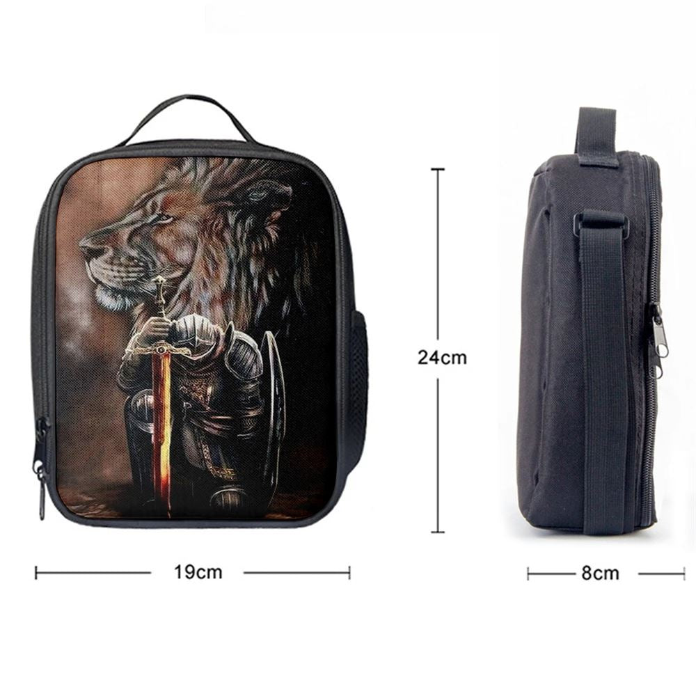 Warrior Knight Kneel And Lion Lunch Bag For Men And Women, Spiritual Christian Lunch Box For School, Work