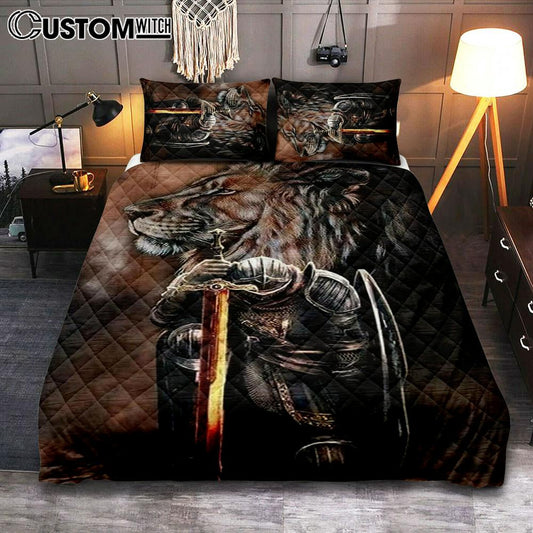 Warrior Knight Kneel And Lion Quilt Bedding Set Bedroom - Christian Home Decor - Religious Art
