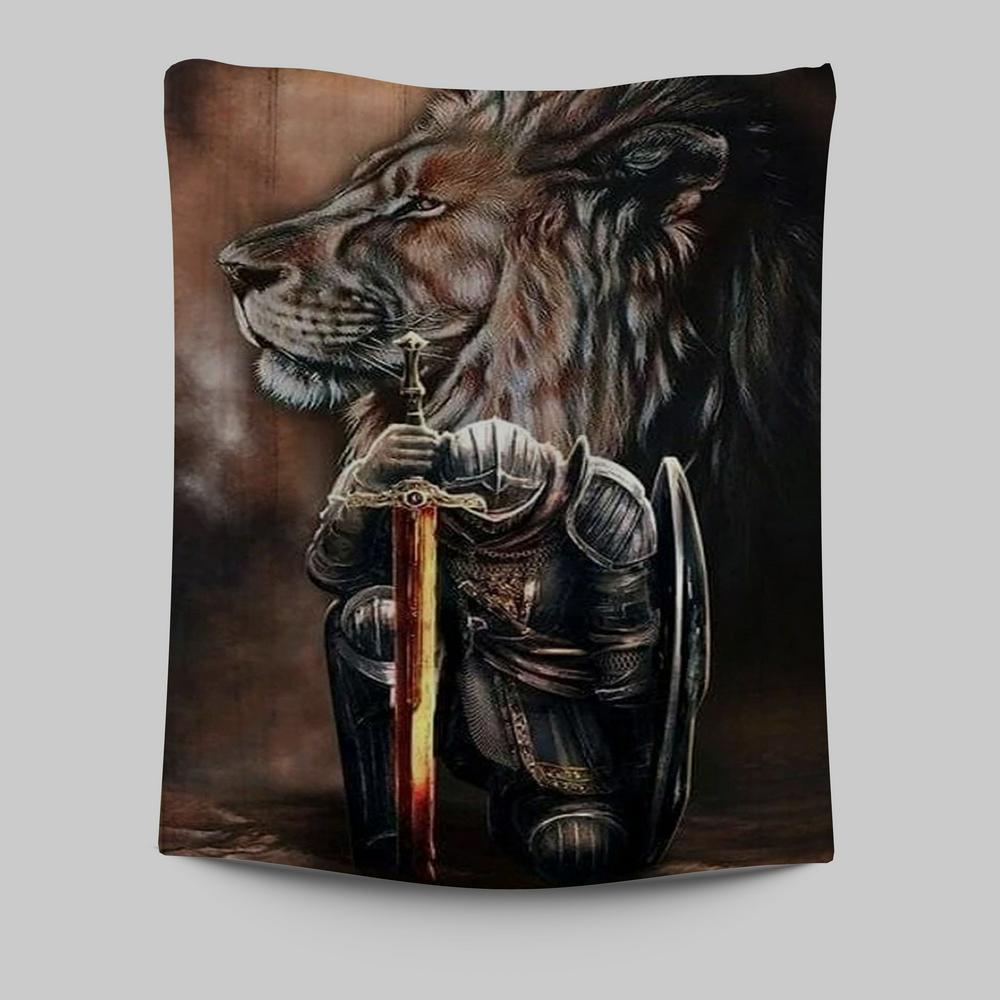 Warrior Knight Kneel And Lion Tapestry Wall Art -  Christian Indoor Wall Tapestries - Religious Art