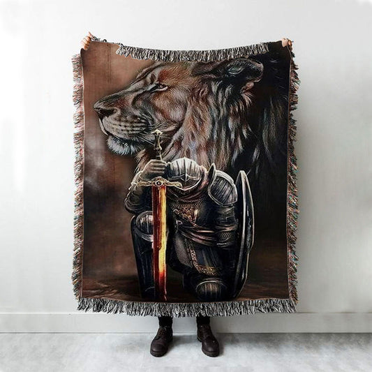 Warrior Knight Kneel And Lion Woven Throw Blanket - Christian Home Decor - Religious Art