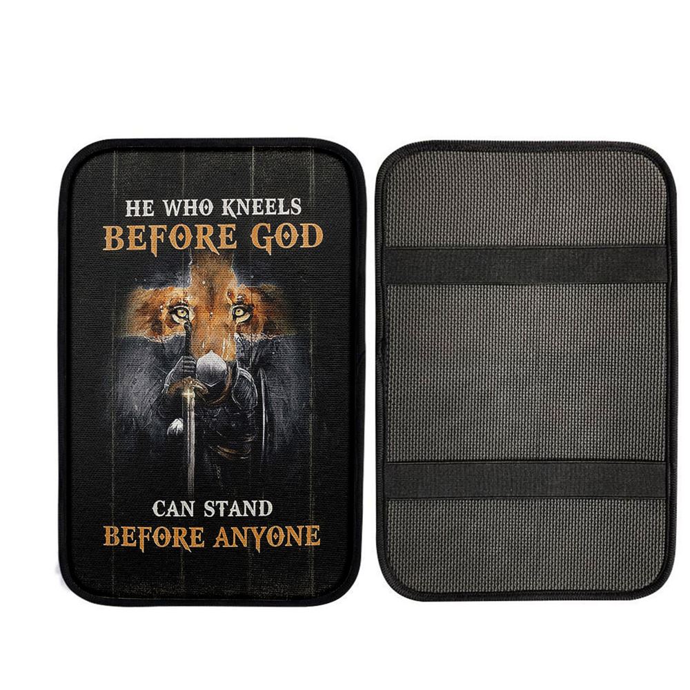 Warrior Lion Cross He Who Kneels Before God Can Stand Before Anyone Car Center Console Cover Religious Car Accessories