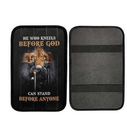 Warrior Lion Cross He Who Kneels Before God Can Stand Before Anyone Car Center Console Cover Religious Car Accessories