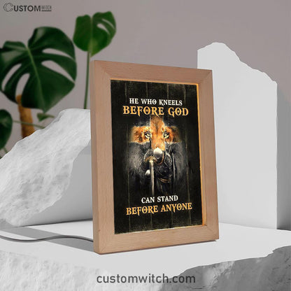 Warrior Lion Cross He Who Kneels Before God Can Stand Before Anyone Frame Lamp Art - Bible Verse Art - Religious Home Decor