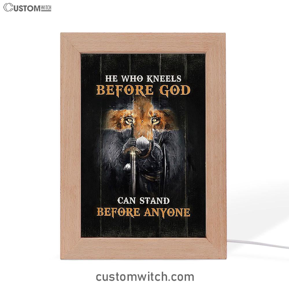 Warrior Lion Cross He Who Kneels Before God Can Stand Before Anyone Frame Lamp Art - Bible Verse Art - Religious Home Decor