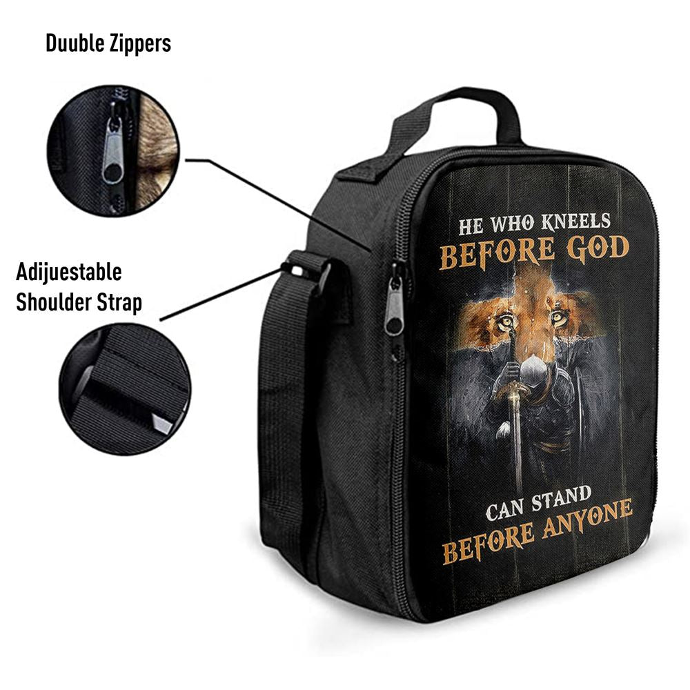 Warrior Lion Cross He Who Kneels Before God Can Stand Before Anyone Lunch Bag For Men And Women, Spiritual Christian Lunch Box For School, Work