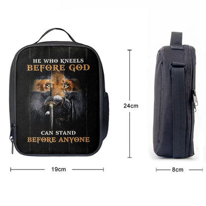 Warrior Lion Cross He Who Kneels Before God Can Stand Before Anyone Lunch Bag For Men And Women, Spiritual Christian Lunch Box For School, Work