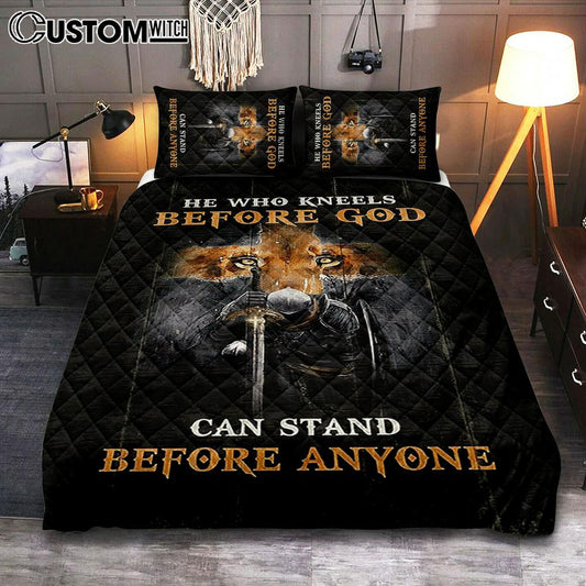 Warrior Lion Cross He Who Kneels Before God Can Stand Before Anyone Quilt Bedding Set Art - Bible Verse Bedroom - Religious Home Decor