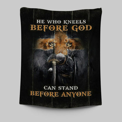 Warrior Lion Cross He Who Kneels Before God Can Stand Before Anyone Tapestry Art - Bible Verse Wall Art - Religious Home Decor