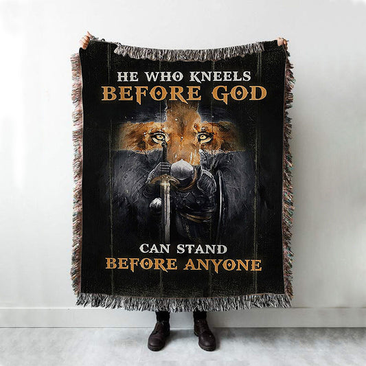 Warrior Lion Cross He Who Kneels Before God Can Stand Before Anyone Woven Blanket Art - Bible Verse Throw Blanket - Religious Home Decor