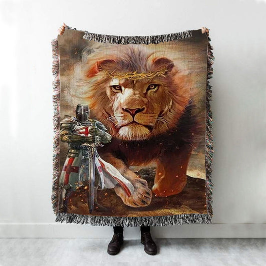 Warrior Of Christ And Lion Woven Throw Blanket - Christian Home Decor - Religious Art