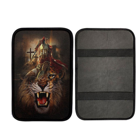 Warrior Of God Three Wooden Crosses Great Lion Of Judah Car Center Console Cover, Bible Verse Car Interior Accessories