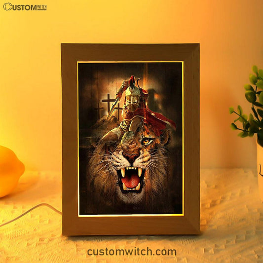 Warrior Of God Three Wooden Crosses Great Lion Of Judah Frame Lamp Print - Inspirational Frame Lamp Art - Christian Art Home Decor